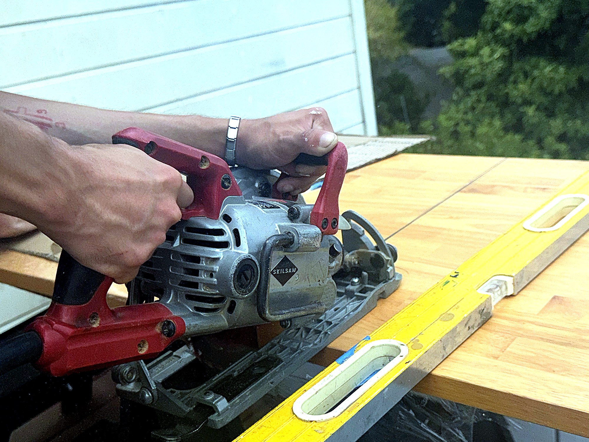 Circular-saw cut during custom carpentry