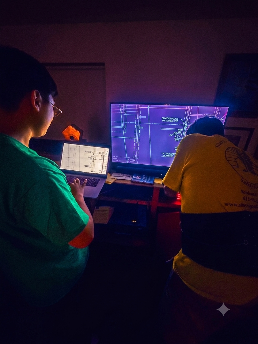 Hearney Construction team reviewing blueprints and project plans on-screen